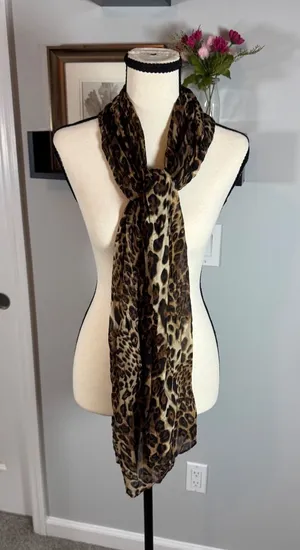 Womens Leopard Print Sheer Crinkle Scarf Brown Black Animal Pattern Lightweight thumbnail 1