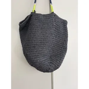 J.Crew‎ Straw Tote Bag Gray Neon Yellow Tassel Rope Handle Shoulder Bag thumbnail 3