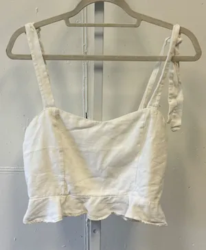 LA Hearts Linen Blend Tie Shoulder Smocked Ruffle Crop Top Medium White Cottage thumbnail 1