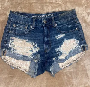 American Eagle Outfitters Dark Blue Distressed Denim Shorts with Lace Inset thumbnail 1