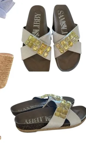 Sam & Libby white Sandals Yellow Rhinestone Coastal Birkenstock style slides thumbnail 1