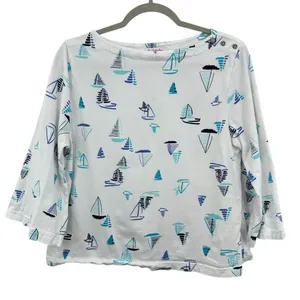 Fresh Produce Sailboat Print Boatneck Top Nautical 3/4‎ Sleeve White Blue thumbnail 1