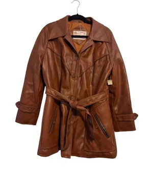 Vintage Kmart Leather Look Pantcoat‎ Brown Faux Leather Belted Jacket 70s 18.5 thumbnail 1