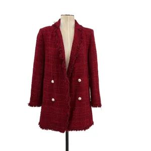 Zara Tweed Blazer Jacket‎ Coat Gold Buttons Frayed Hem Red Size Small thumbnail 3