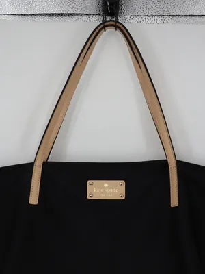 Kate Spade New York Black Nylon Tote Pink Lining Tan Leather Handles Work Bag thumbnail 4