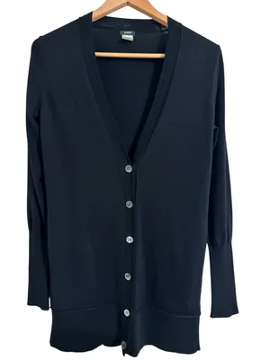 J.Crew V-neck Button-Down Black Merino Wool Longline Cardigan M thumbnail 1
