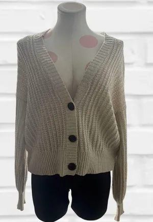 American Eagle Beige Open Knit Ribbed Oversized Cardigan thumbnail 1