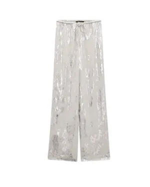 Zara White/Silver Metallic Wide-Leg High-Rise Pants. thumbnail 2