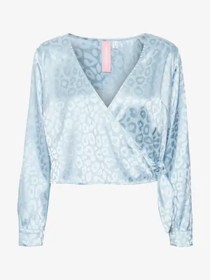 NWT ASOS DESIGN Blue Satin Jacquard Wrap Crop Top Long Sleeve V-Neck Sz S thumbnail 5