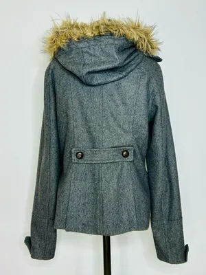 Vintage Y2K dELiA*s Grey Wool-Blend Peacoat with Removable Faux Fur Hood Medium thumbnail 7