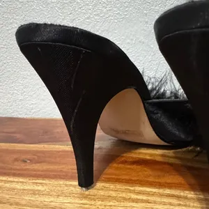 Vintage Y2K Frederick's of Hollywood Black Marabou Feather Satin Peep Toe Heel thumbnail 12