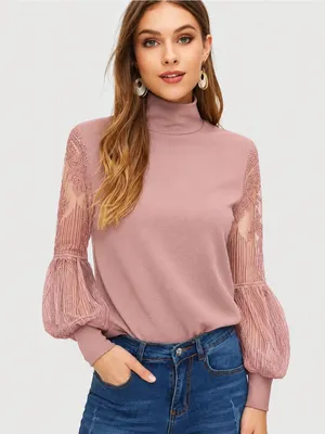 SHEIN Dusty Rose Lace Balloon Sleeve Turtleneck Blouse Size S thumbnail 1