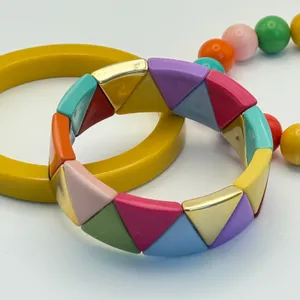 Colorful Stackable Beaded & Triangle‎ Bangle Bracelet Set Funky Women's Jewelry Yellow thumbnail 5