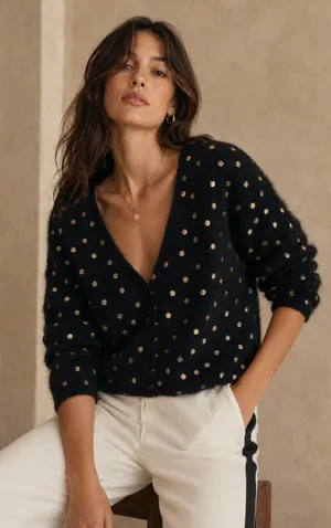 Sézane Lizy Cardigan Black Gold Metallic Dot Mohair Wool Blend Sweater Small thumbnail 1