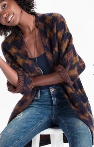 Lucky Brand Wool Blend Boho Longline lona Cardigan Brown/Navy Size Small thumbnail 1