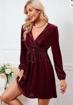 Women's Velvet Dress Wrap V Neck Pleated Waist Long Sleeve Casual Party Skater Dresses thumbnail 3