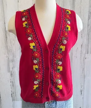 Vintage Floral Embroidered beaded Vest‎ small Unique Embellished Knit boho thumbnail 1