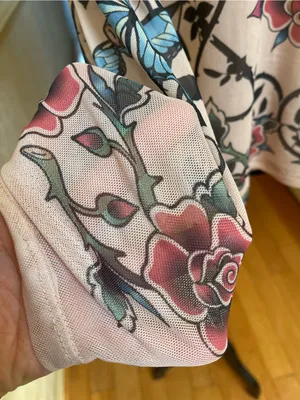 Madden Girl Y2K Tattoo Print Mesh Long Sleeve Top Butterflies Hearts Roses 2XL thumbnail 6