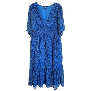 Old Navy Women's Blue Floral Midi Dress Smocked Waist V Neck Casual - L EUC thumbnail 2