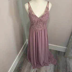 Azazie A4 Dusty Rose Lace V-Neck Chiffon Bridesmaid Formal Maxi Dress thumbnail 2