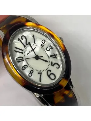 Narmi silver tone Tortoise shell cuff bracelet watch mop dial 28mm 6.5” running thumbnail 2