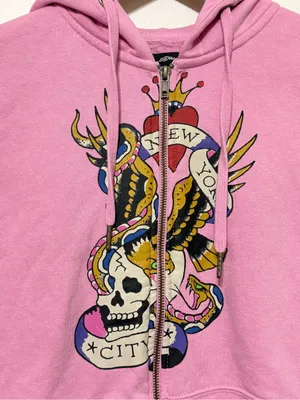 Ed Hardy Pink Skull Graphic Cropped Zip Hoodie Women’s NYC Medium thumbnail 5
