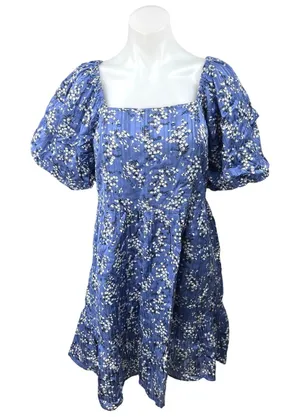 Mango MNG Blue Floral Square Neck Short Puff Sleeve Smocked Mini Shift Dress 6 thumbnail 1