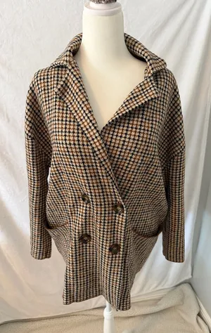 Zara Tan, Black and Cream Houndstooth Double-Breasted Pea Coat thumbnail 1