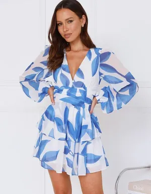 Hello Molly DREAMY DESTINATIONS LONG SLEEVE MINI DRESS BLUE size large thumbnail 3
