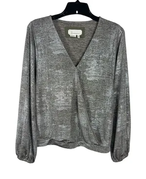 Anthropologie Silver Metallic Faux Wrap Blouse Long Sleeve Shimmer Top XS Party thumbnail 1