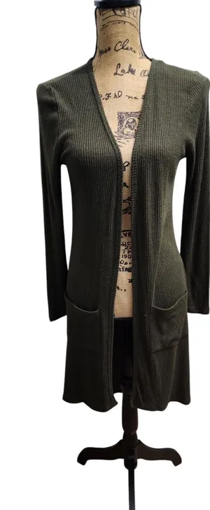 Cherish Olive Green Ribbed Knit Open Front Cardigan Duster‎ with Pockets M thumbnail 1