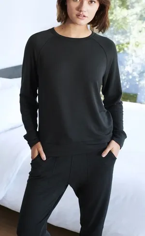 Quince SuperSoft Fleece Crew Black Raglan Sweatshirt Womens Small thumbnail 1
