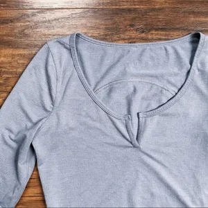 Lululemon • cropped henley long sleeve tee grey heathered asphalt knit athletic thumbnail 4