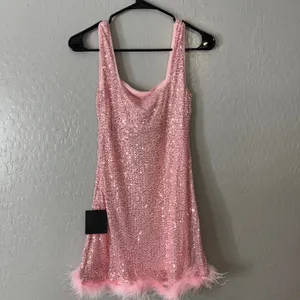 Lulus Popular Invite Pink Sequin Mesh Feather Mini Dress, XS 2209336 thumbnail 2
