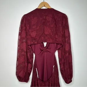 Lulus Desired Aesthetic Wine Red Floral Burnout Long Sleeve Midi Dress Size L thumbnail 9