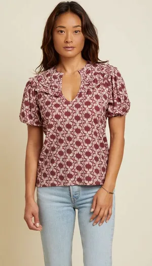 Nation LTD Judith Tee Ikat Floral Notch Neck Puff Sleeve Top‎ Mauve Top thumbnail 1