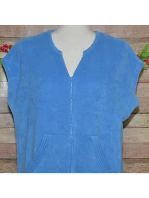 Erika Taylor Relax Blue Terry Cloth Zip Front Short Sleeve Robe Lounger Size L thumbnail 2