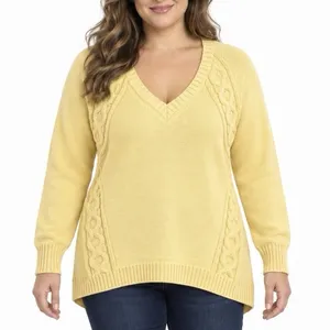 LL Bean Yellow Double L Mixed Cable V Neck Pullover Cotton Sweater LARGE Size XL thumbnail 1