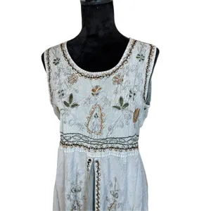 Vtg 90s MPH Gray Floral Embroidered Sleeveless Boho Maxi Dress Large Lagenlook thumbnail 3