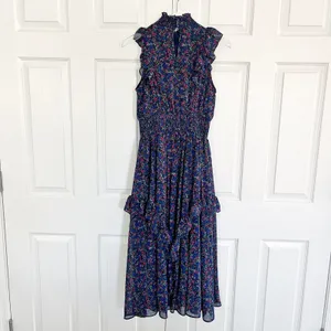 Lulus Evalina Navy Blue Floral Print Mock Neck Sleeveless Ruffle Midi Dress thumbnail 11