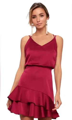 Lulu’s On The‎ Floor Fuchsia Satin Sleeveless Ruffle Mini Dress Size S thumbnail 1