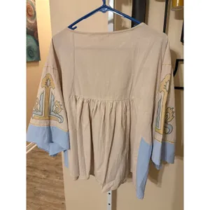 Blue Velvet Boho Embroidered Babydoll Top Beige Blue Yellow V-Neck S/M thumbnail 6