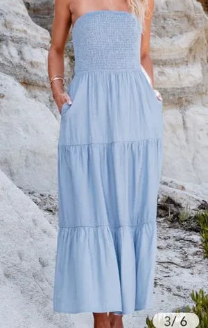 Cupshe Chambray Light Blue Smocked Tube Tiered Midi Dress Size XL thumbnail 1