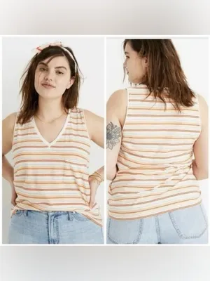 Madewell V-Neck Striped Tank Coastal Retro Summer Pocket Top L thumbnail 2