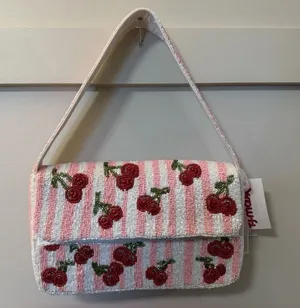 NWT Beaded Cherry Shoulder Bag Pink White Handmade India Viral TikTok Purse thumbnail 1