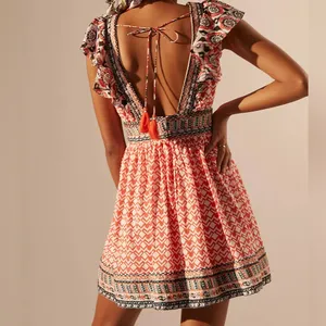 Anthropologie Beaded embroidered Bohemian Floral Print mini dress cotton 12 thumbnail 6