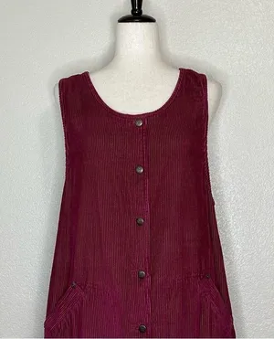 Blue J. 100% Cotton Corduroy Burgundy Button Down Sleeveless Dress thumbnail 2
