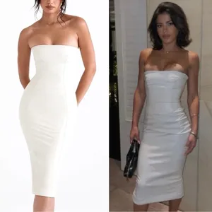 NWOT House of CB- Camilla Ivory Strapless Midi Dress Bodycon Faux Leather Sz XS thumbnail 3