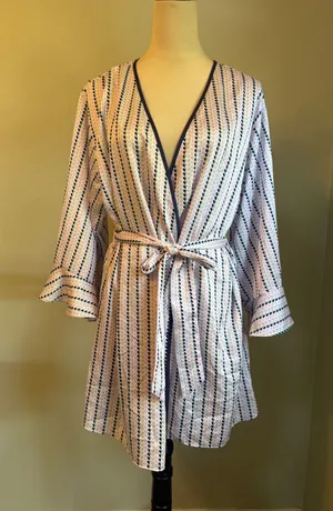 Kate Spade Heart Stripe Robe Pink Blue Satin Short Wrap Belted M y2k preppy boho thumbnail 1