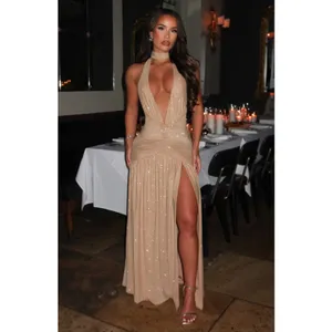 NWT Babyboo Melania Gold Sparkle Ruched Halter Plunge V-Neck Maxi Dress Size M thumbnail 6
